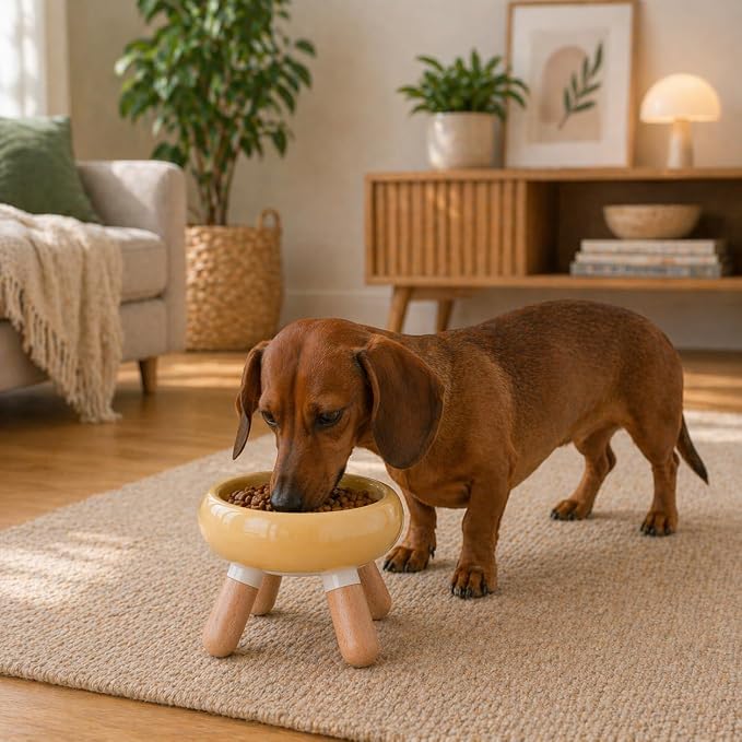 INW Elevated Ceramic Pet Bowl with Wooden Stand – Raised Cat & Dog Feeder, Interchangeable, Anti-Tip, Dishwasher Safe, 12 oz, Easy to Clean – Yellow