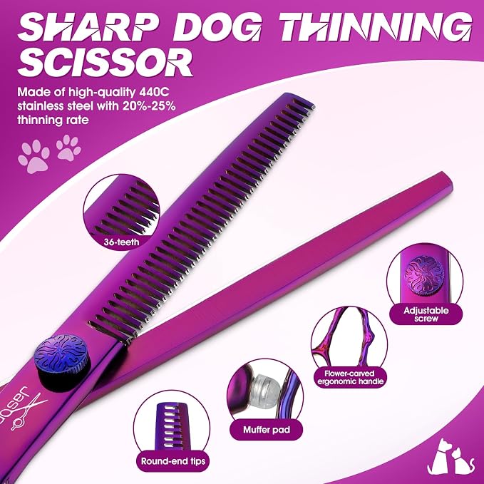 JASON Dog Grooming Scissors Set - Professional 6 in 1 Purple Shears Kit | 6.5" Thinning, 7" Straight, 7" Up-Curved, 7" Down-curved Scissors and Comb for Cat Pet with Adjustable Screw, Gift