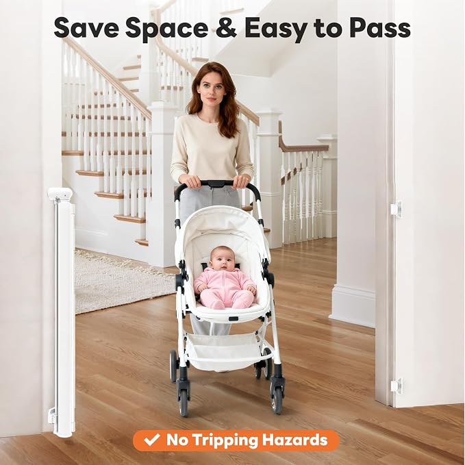 (2 Pack) Retractable Baby Gate for Stairs and Doorways, 55" Wide x 33" Tall Mesh Dog Gate for Indoor & Outdoor Use, Safety Gate for Babies and Pets, Child Gates for Hallways, Hardware Mounted, White