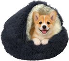 ShinHye Cat Bed Round Plush Fluffy Hooded Cat Bed Cave, Cozy for Indoor Cats or Small Dog beds, Soothing Pet Beds Doughnut Calm Anti-nxiety Dog Bed - Waterproof Bottom Washable (23×23inch, Dark Grey)