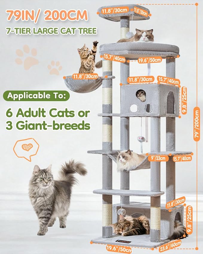 Taoqimiao 79in Cat Tree, Tall Large Cat Tower for Indoor Adult Cats S10W | Easy assembly, Sturdy, Multi Level, Easy Clean, Cozy Condo, Perches, Baskets, Suitable for Kittens and Adult Cats