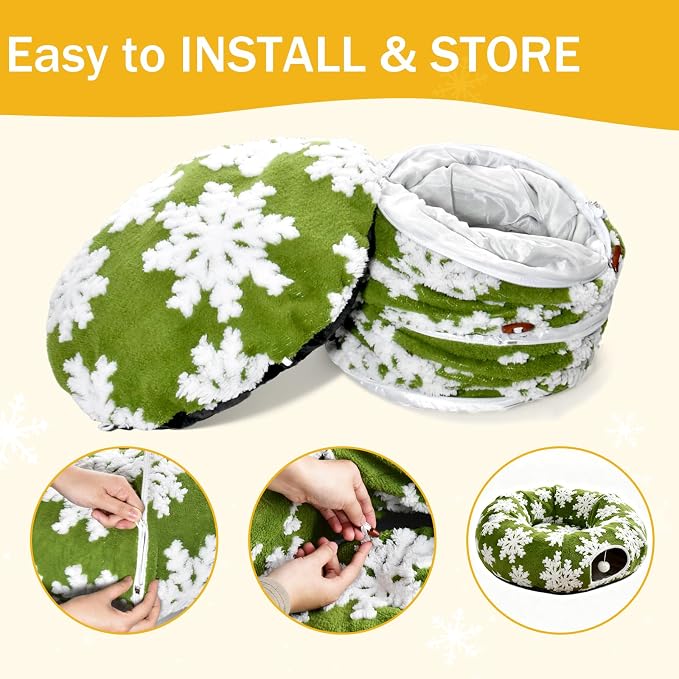Cat Tunnel Bed for Indoor Cats - Soft Plush Donut Tunnel Bed with Snowflake Design & Washable Anti-Slip Mat, Multifunctional Playground Toys for Cats, Kittens & Small Pets.(Green)