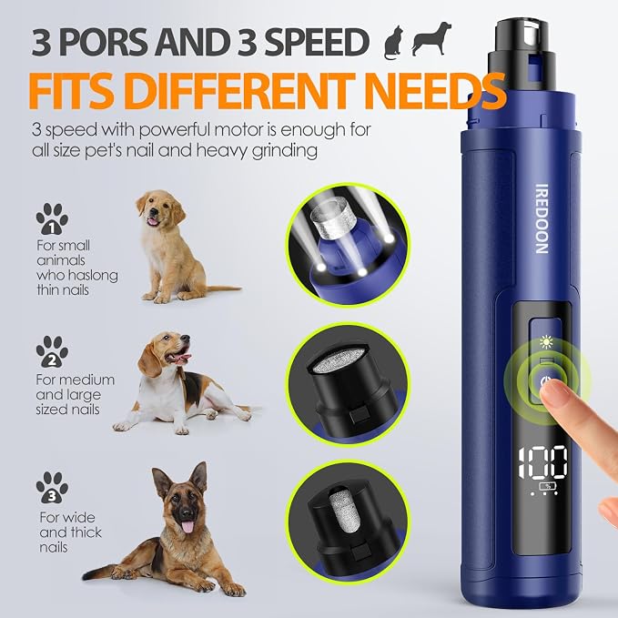 Dog Nail Grinder with 4 LED Lights, 3 Speeds Super Quiet for Pets | Low Vibration, Electric Pet Nail Grinder, Professional Painless Paws Grooming & Smoothing for Small to Large Dogs Cats(Blue)
