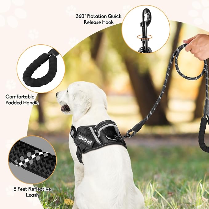 Service Dog Vest Harness and Leash Set, Animire in Training Dog Harness with 10 Dog Patches, Reflective Dog Leash with Soft Padded Handle for Small, Medium, Large, and Extra-Large Dogs (Black,M)