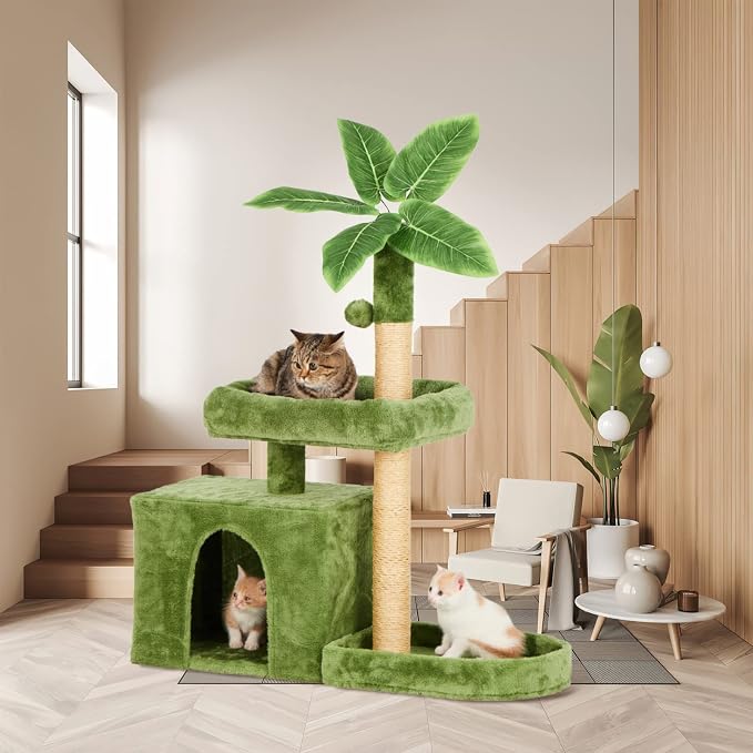 31.5inch Small Cat Tree Tower Condo for Indoor Cats, Soft Plush Multi-Level Climbing Tree Cat House with Cat Cave, Scratching Post, Sisal Rope, Green
