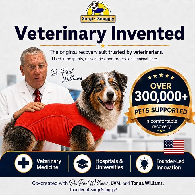 SurgiSnuggly Veterinary Invented Dog Surgical Recovery Suit for Female Spay or Male Dogs Neuters Onesie,Cone Alternative, Original Onesie Bodysuit for After Surgery Small, Medium, Large Dogs XLL Red