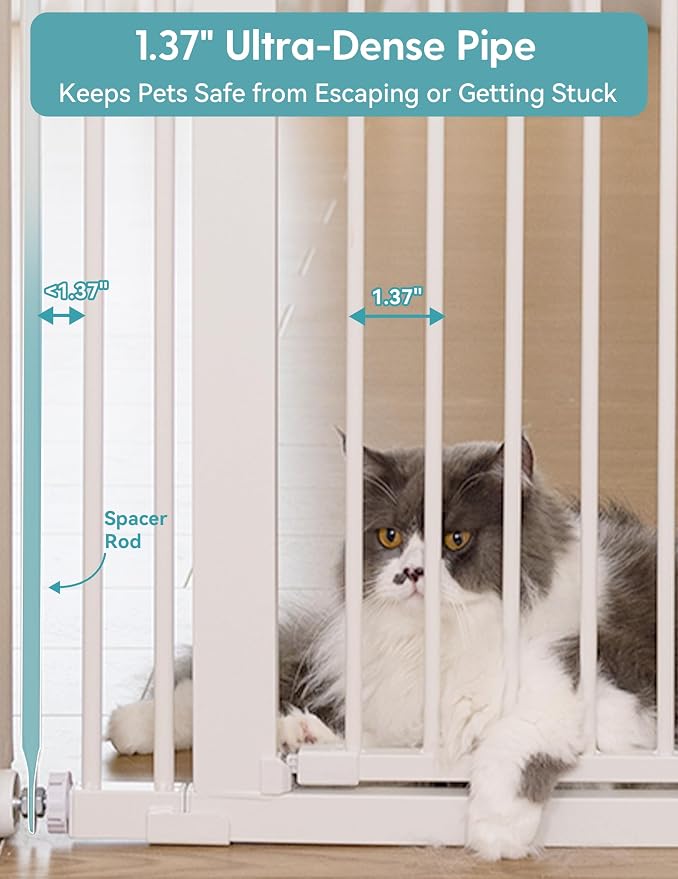 No Pawblems 55" Extra Tall Pet Gate, 29"-40" Wide Tall Dog Gate, White | No Drilling Pressure Mounted, 1.37" Narrow Spacing, Auto Close Tall Cat Gate for Doorway Hallway, One-Hand Operation