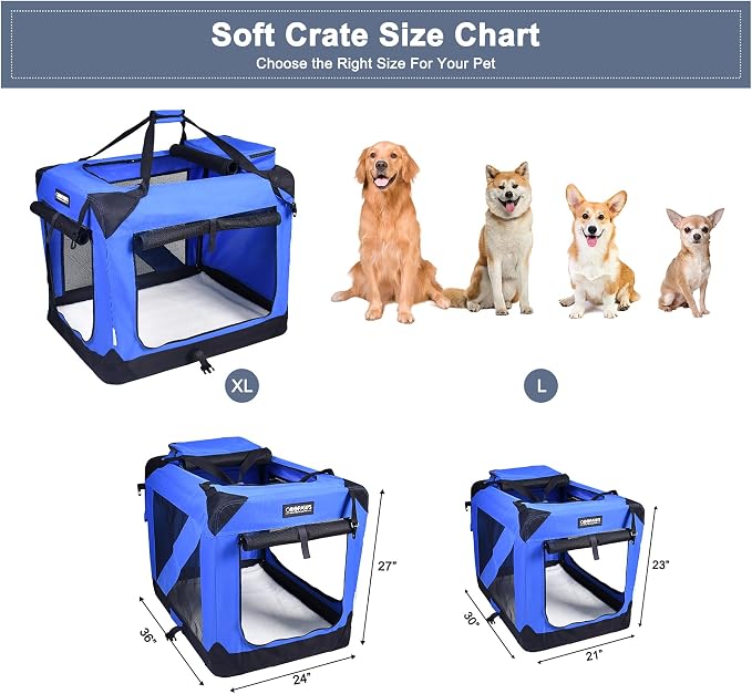 JESPET 30'' Soft Pet Crates Kennel, 3 Door Soft Sided Folding Travel Pet Carrier with Straps and Fleece Mat for Dogs, Cats, Indoor/Outdoor Use with Black