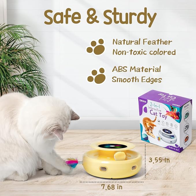 ORSDA Cat Toys 2-in-1 Interactive Cat Toys for Indoor Cats, Automatic Cat Toy Balls, Ambush Feather Kitten Toys with 6pcs Feathers, Dual Power Supplies, Adjustable Speed, Auto On/Off