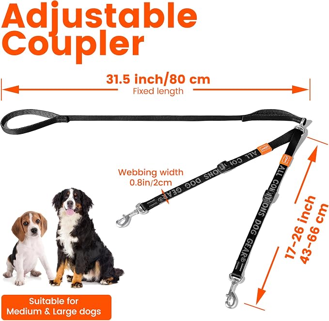 HOWGO Double Dog Leash,Tangle-Free 360 Swivel(Brown, Pro M-L w.Handle) | Individually Adjustable Length, Double Padded Handles,Aviation Aluminum Hooks,Durable Nylon,No-Tangle Walking,All Breeds