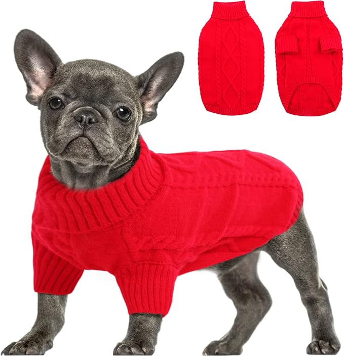 Queenmore Small Dog Pullover Sweater, Cold Weather Cable Knitwear, Classic Turtleneck Thick Warm Clothes for Chihuahua, Bulldog, Dachshund, Pug (Red, Medium)