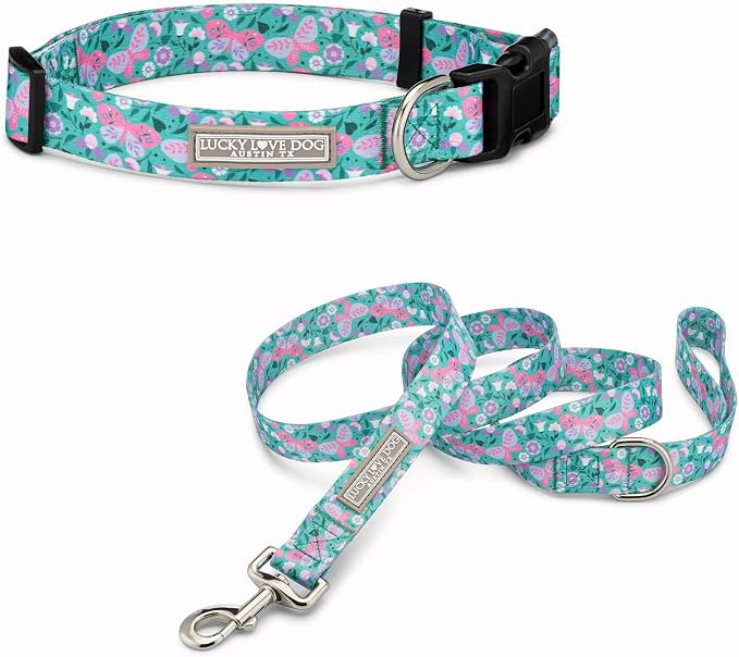 Lucky Love Dog - Adjustable Collar and Leash Set with Easy Click Buckle for Medium Dogs, Durable, & Comfortable Collar for Male & Female Dogs, Puppies & Adul t- Mariposa Combo, Medium