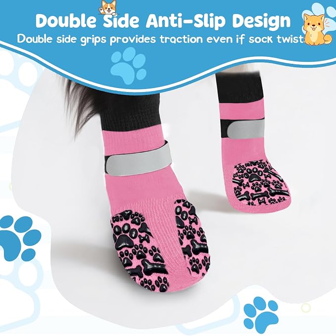 Dog Socks to Prevent Licking Paws, Anti Slip Dog Boots & Paw Protectors for Hardwood Floors, Toe Grips for Small Medium Large Senior Dogs, Dog Shoes for Hot/Cold Pavement(Pink Bone,S)