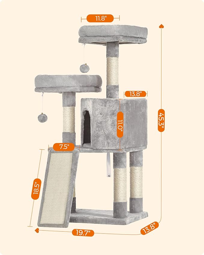 Feandrea Cat Tree, 45.3-Inch Cat Tower, Cat Scratching Post, Light Gray | 45.3-Inch Cat Tower, Plush Condo with Scratching Post, Ramp, Perch, Spacious Cave, Light Gray