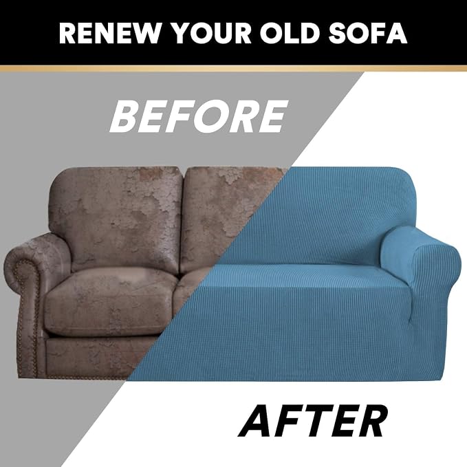 Stretch Sofa Cover Slipcover Couch Covers for 3 Cushion Couch Furniture Protector Sofa Covers with Non Slip Elastic Bottom Dogs Pet Friendly Fitted(Large Sofa 90"-100",Dusty Blue)