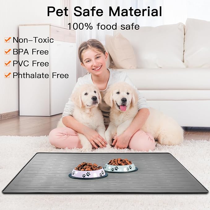 48" x 32" Largest Pet Food Mat, XXXL Silicone Dog Mats for Food and Water, Nonslip Pet Feeding Mats for Floors,Dog Cat Bowl Mat with Raised Edges, Gray White