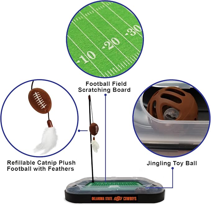Pets First 5-in-1 Cat Toy: Scratcher, Wand, Plush Football & Feathers with Catnip & Interactive Cat Ball Bell