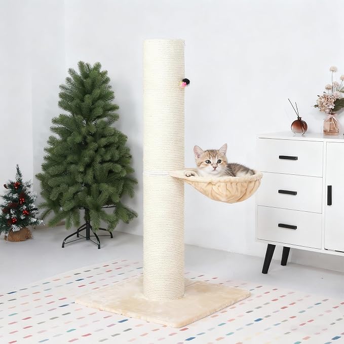 Tall Scratching Post for Cats 47in Tall Sturdy Natural Sisal Cat Scratcher with Thick Solid Wood Base Scratching Post Hammock for Indoor Adult Cat Stable Cat Scratcher with Ball Interactive Toy
