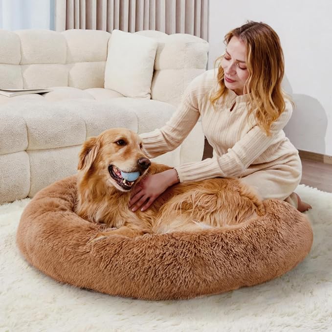 Large Calming Donut Dog Bed for Large Dogs, Ultra Soft Fluffy Anti Anxiety Pet Bed, Plush Round Washable Dog Bed with Raised Rim for Golden Retriever, Husky, Labrador & Indoor (Khaki, 36 Inch)