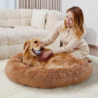 Large Calming Donut Dog Bed for Large Dogs, Ultra Soft Fluffy Anti Anxiety Pet Bed, Plush Round Washable Dog Bed with Raised Rim for Golden Retriever, Husky, Labrador & Indoor (Khaki, 36 Inch)