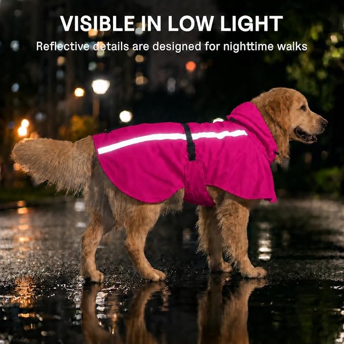 Stretch Fabric Dog Raincoat with Hood, Reflective Rain Poncho for Small Dogs, Adjustable Waterproof Dog Rain Jacket with Leash Opening, Hot Pink, Small