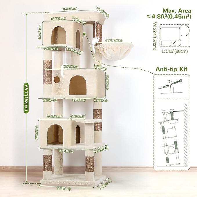 Globlazer F66 Corner Cat Tree, 66in Multi-Level Climbing Tower, Beige | Kitty Condos Cat Scratching Tower for Indoor Multiple Cats with Large Platform, 3 Cat Caves, Hanging Basket
