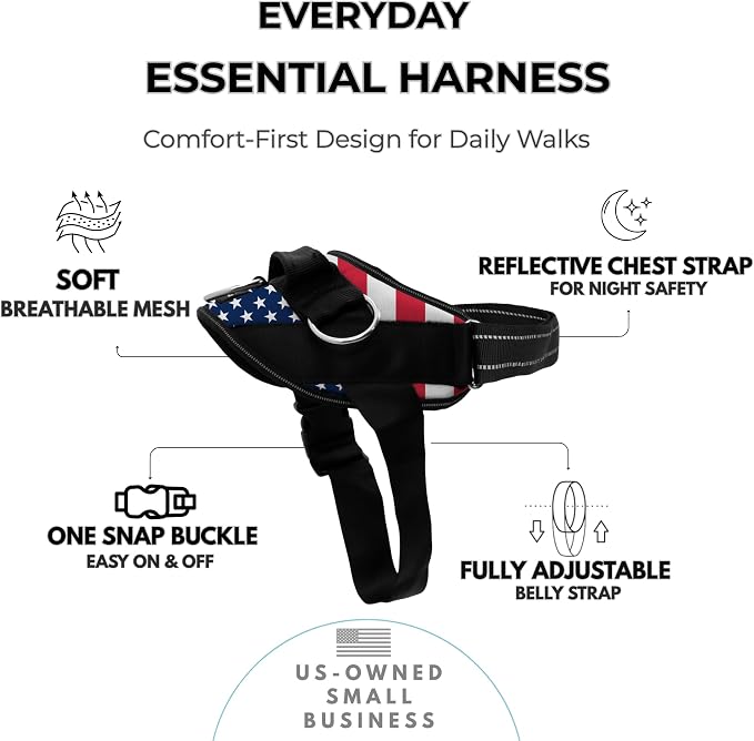 ShawnCo Essential Dog Harness, No-Pull Pet Vest with 3 Leash Clips, No Choke, Reflective, Adjustable and Padded, for Easy Walking and Training for Small, Medium and Large Dogs (Stars and Stripes, L)