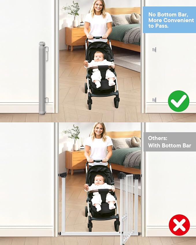 Extra Wide Retractable Baby Gate 71" Wide Fits Large Opening White | Extra Long Mesh Baby & Pet Gate with Anti-Crawling Hook, Safety Lock, No Bottom Bar for Hallway, Open Spaces & Indoor/Outdoor