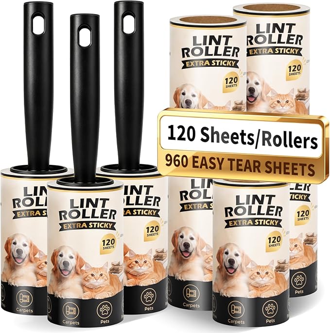 Lint Roller for Pet Hair Removal, Extra Sticky Pet Hair Rollers | Value pack includes 3 handles and 8 extra sticky rolls, 120 sheets per roll and 960 sheets total for pet hair removal.