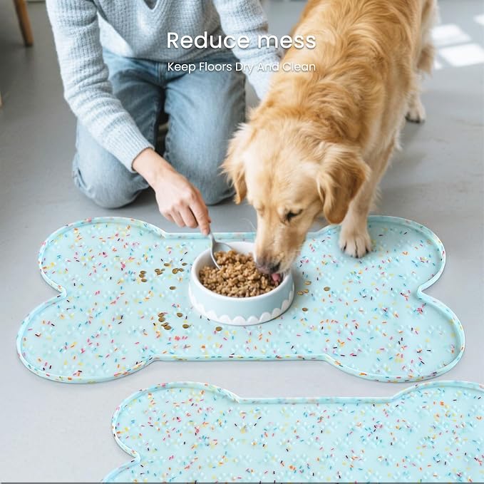 PWTAA Dog Food Mat Anti-Slip Silicone Dog Bowl Mat Thicker Pet Placemat Waterproof Cat Feeder Pad with Raised Edge Puppy Kitten Feeding Mats Suitable Small Medium-Sized Dogs Cats Eating Tray - 2PCS