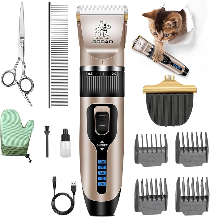 Quiet Cat Clippers & Cat Grooming Kit for Matted & Long Hair | 250Min Cordless Pet Shaver, Low Noise Pet Hair Trimmer for Grooming,2in1 Wide & Narrow Blades,4 Combs,Scissors & Glove(Gold)