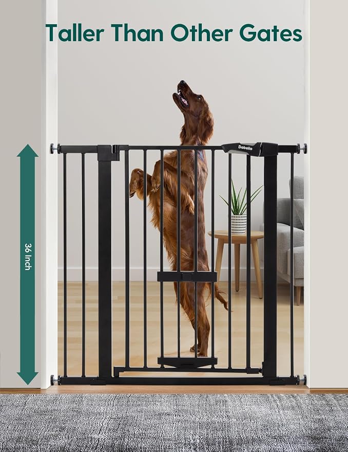 Babelio 36 Inch Extra Tall Baby Gate with Cat Door, 29.5-40" Metal Pet Door for Stairs, Doorways, House, Auto Close, Easy Walk Thru, Black | 6-Level Adjustable Metal Pet Gate, Auto-Close Safety Gates with Pet Door, Easy Walk Thru, Black