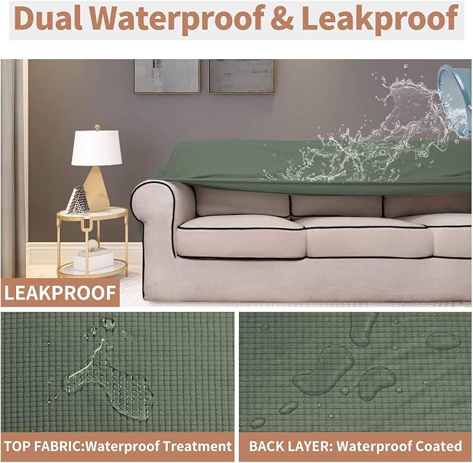 Easy-Going 100% Waterproof Chair Couch Cover, Stretch Jacquard Sofa Cover | Dual Waterproof Sofa Slipcover, Leakproof Furniture Protector for Kids, Pets, Dog and Cat (Loveseat, Grayish Green)
