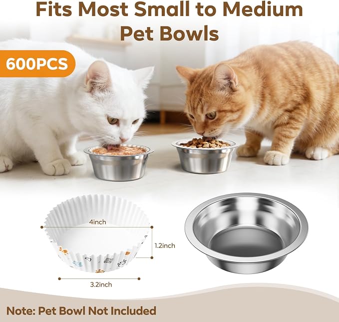 600 PCS Disposable Pet Feeding Bowls Bulk for Cats & Dogs, Leak Resistant | Printed Paper Cat Food Bowl Liners, Wet & Dry Food, Small Pet Bowl Covers, Easy Clean Feeding Supplies, White Pattern
