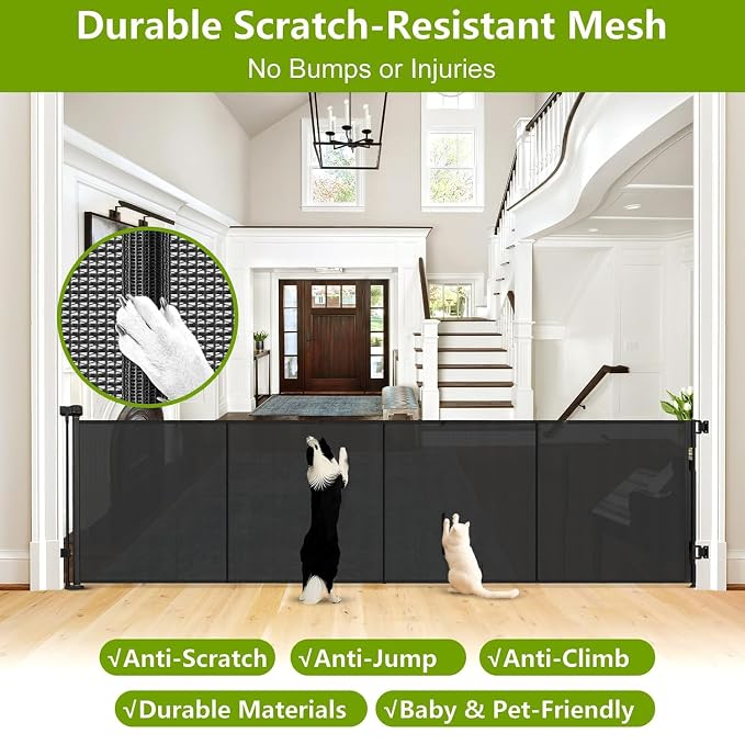 Reinforced 42" Tall 155" Wide Retractable Fence Outdoor Retractable Gate | Tall Baby Gate Garage Gates for Dogs, Space-Saving, Easy to Use, Scratch-Resistant Mesh, Safety Lock, Easy Install, Black