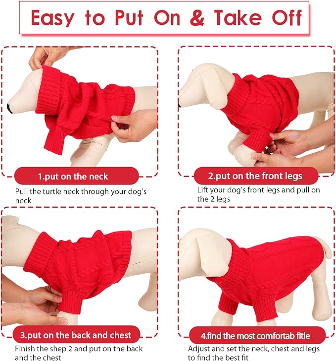 Queenmore Small Dog Pullover Sweater, Cold Weather Cable Knitwear, Classic Turtleneck Thick Warm Clothes for Chihuahua, Bulldog, Dachshund, Pug (Red, Medium)