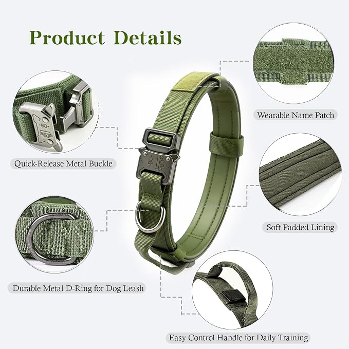 Tactical Dog Collar Adjustable Military Nylon Dog Collar with Control Handle and Heavy Duty Metal Buckle for Medium and Large Dogs (Green,S) | 1000D Heavy-Duty Nylon Fabric，Quick-Release Metal Buckle，Soft-Padded Webbing，Velcro Patch&D-Ring for Training...
