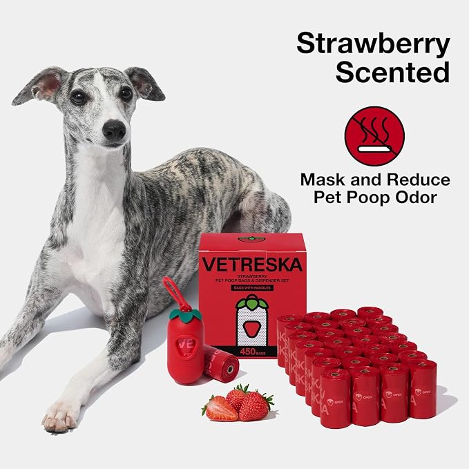 VETRESKA Dog Poop Bags with Handle 450 Count, Strawberry Scented Waste Bag | Leak-Proof Thick Dog Bags for Poop, Easy-Tie Large Poop Bags, 30 Refill Rolls with 1 Dispenser for Dog Walking Cat Litter