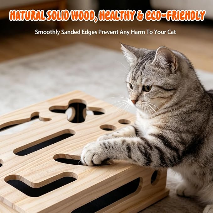 Cat Scratch Puzzle Enrichment Box, Large Cat Nail File Box with Sandpaper | Cat Claw Care, Cat Puzzle Toy Box Sturdy Wood with 3 Small Balls | Stress-Free Alternative to Nail Trimming