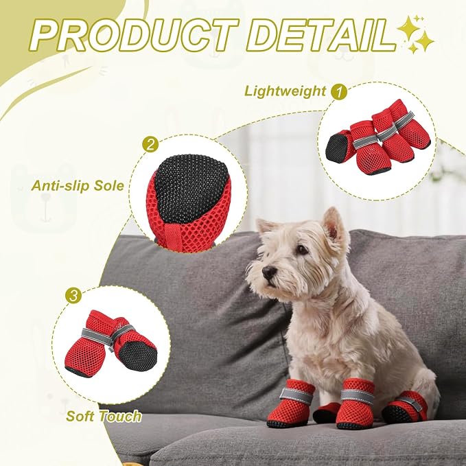Dog Boots Paw Protector, Reflective Adjustable Non Slip Mesh Summer Breathable Dog Shoes Dog Walking Boots (L Size, Red, 4 Pcs) Intended for Paws Waterproof for Dogs/Cat/Puppy