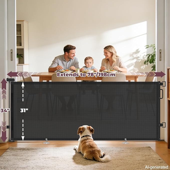 78" Retractable Extra Wide Baby Gates for Stairs, Long Mesh Dog Gate | Indoor Outdoor Pet Gate for Large Openings, Ideal for Doorways Hallways Kitchens Decks & Porches, 34" Height, Black