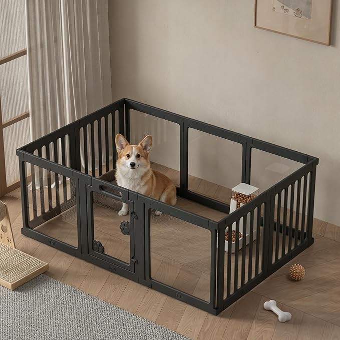 Clear Acrylic Dog Playpen with Door, DIY Custom Free Combination Pet Fence, 24" H 10 Panels, Non-Slip Stable Base, Easy to Set Up & Clean Plastic Play Yard for Dogs, Cats and Small Pets（Black）