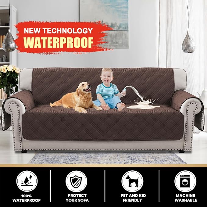 100% Waterproof Couch Cover for 3 Cushion Couch Sofa Pet Friendly Non-Slip Couch Cover for Dogs Washable Water Resistant Furniture Protector with Elastic Straps(Sofa 68", Brown)
