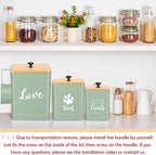 Jingmore Metal Dog Treat Containers Set of 3 with Bamboo Lids and Spoon Airtight 7+3+2 lbs Dog Food Snack Jars with DIY Labels Big Pet Cookie Storage Jar for Kitchen Counter (Sage Green,Cute)
