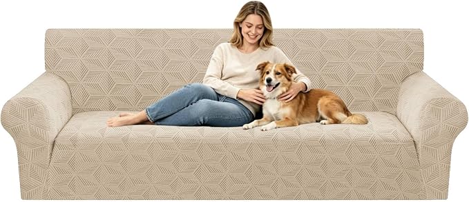 ZNSAYOTX Stretch Couch Cover, 1 Piece Oversized Sofa Covers for 3 Cushion Couch, Jacquard Sofa Slipcovers with Elastic Bottom Thickened Furniture Protector for Dog Cat Pet (X-Large, Khaki)
