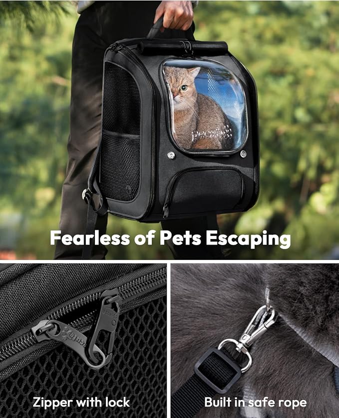 Pecute Cat Backpack Carrier,Large Space Dog Bubble Backpack,Ergonomic,Black | Bubble Transparent Window,Sunshade Curtain,Safety Rope,Sturdy,Large Mesh for Breathability,Suitable for Outdoor,Vet