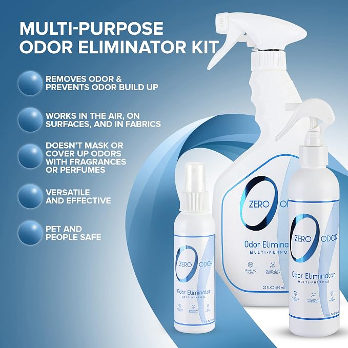 Zero Odor - Multi-Purpose Strong Odor Eliminator for Home, Office, Car, Bathroom, Hotel, Room Deodorizer, and Odor Neutralizer Kit | Odor Eliminator for Hotel, Bathroom, Basement, Trash & Upholstery, Fabric & Room Deodorizer - 22 oz, 8 oz and 4 oz