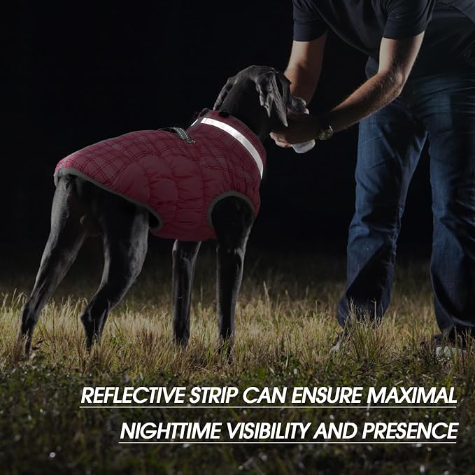 FUAMEY Dog Winter Coat Fleece Warm Large Dog Coat with Harness Built in | Dogs Cold Weather Fleece Coats Zip up Reflective Dog Winter Vest Windproof Water Resistant Snow Coats Rose Plaid XXXL