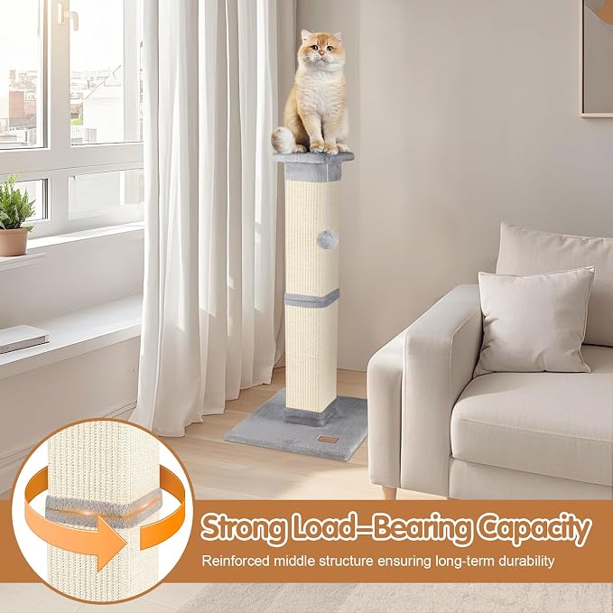Cat Scratching Post 33 inch for Indoor Cats, High Cat Scratch Post Grey, Cat Tree for Full-Body Stretching, Protect Your Furniture