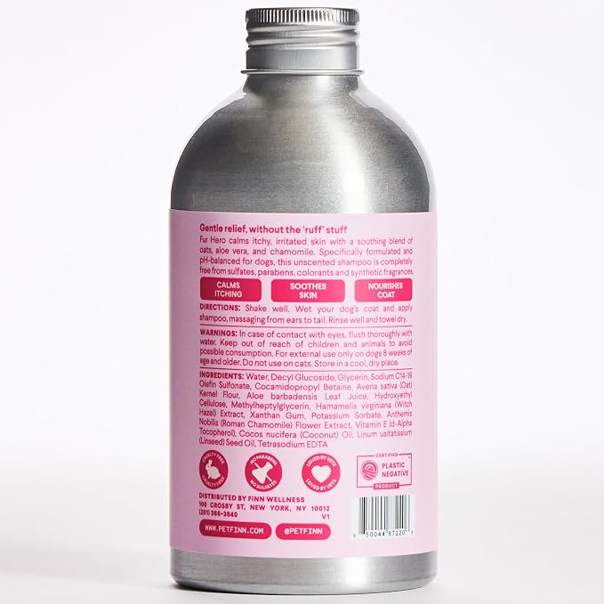 Finn Fur Hero Oatmeal Dog Shampoo - Itchy Skin Relief - Sulfate-Free | Aloe, Chamomile & Witch Hazel - Sensitive Skin - Paraben & Perfume-Free - Aluminum Bottle